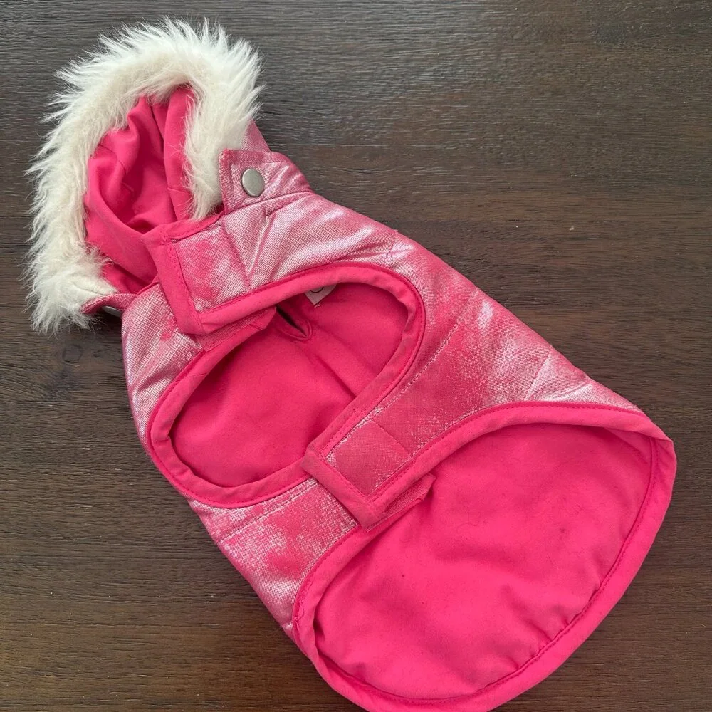 #PoshPets Metallic Pink Puffer Coat with Faux Fur Hood
